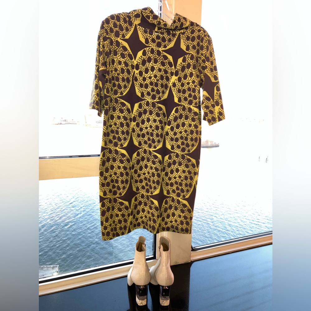 Marimekko XS Green & Blue Cowl-Neck Jersey Mini-Dress 3/4th Sleeves - Picture 4 of 4